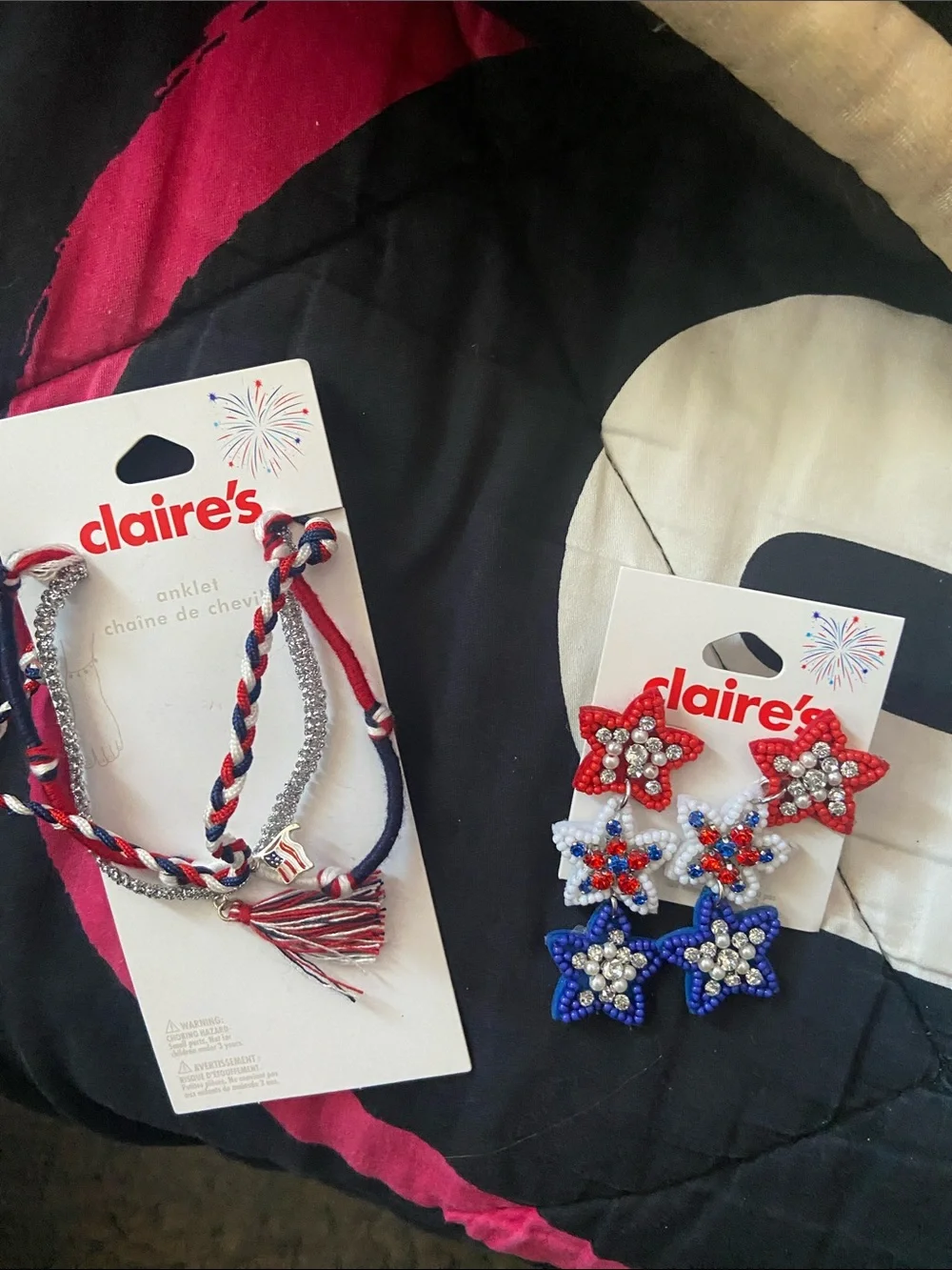 Claire's Red, White & Blue Star Earrings and Braided Anklet Set